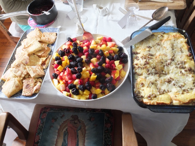 Home made Cheese Blintzes, Fruit Salad, and Egg Strada!